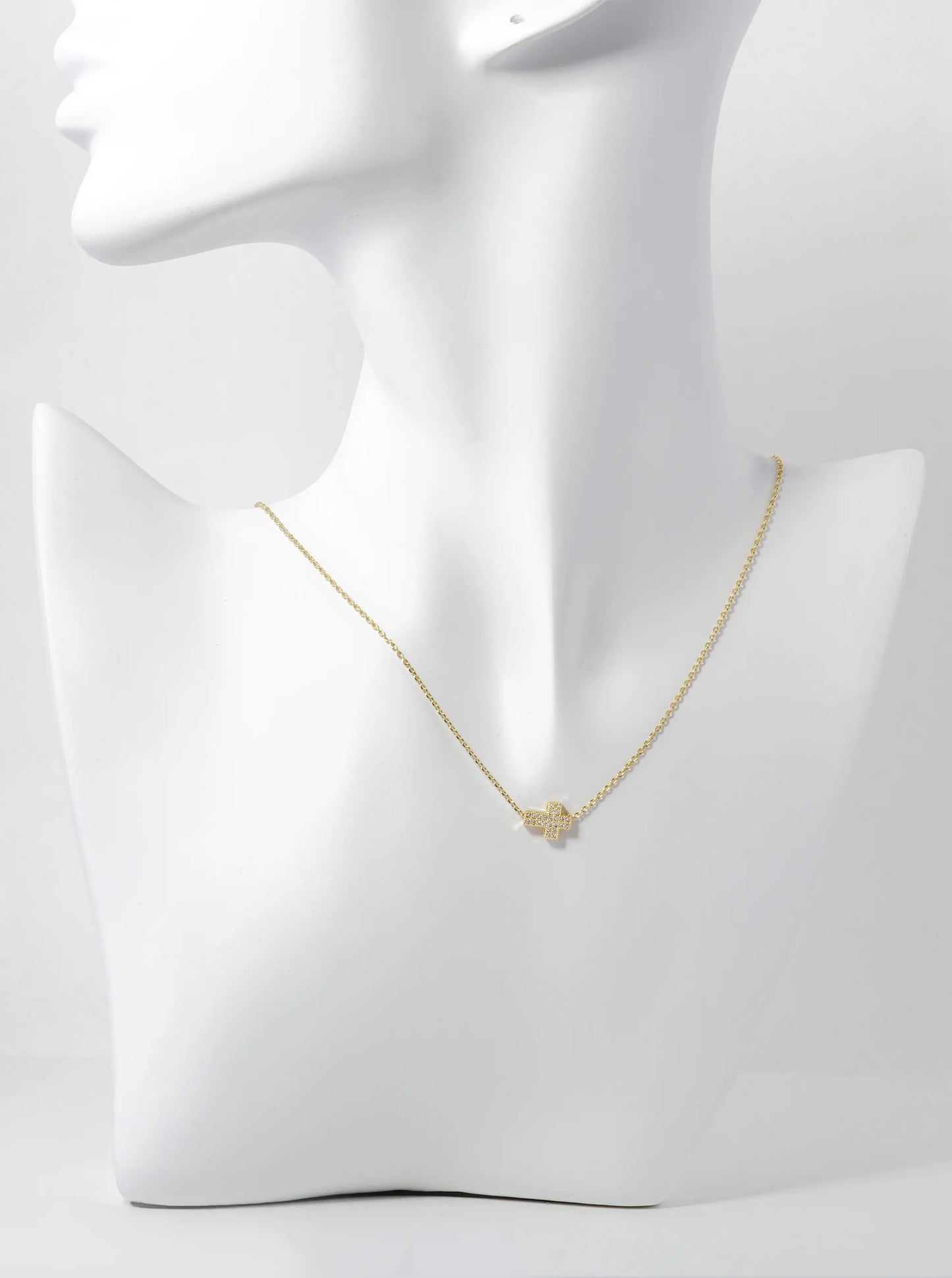 18K Gold Dipped 10mm Sideways Pave Cubic Zirconia Cross Pendant Necklace