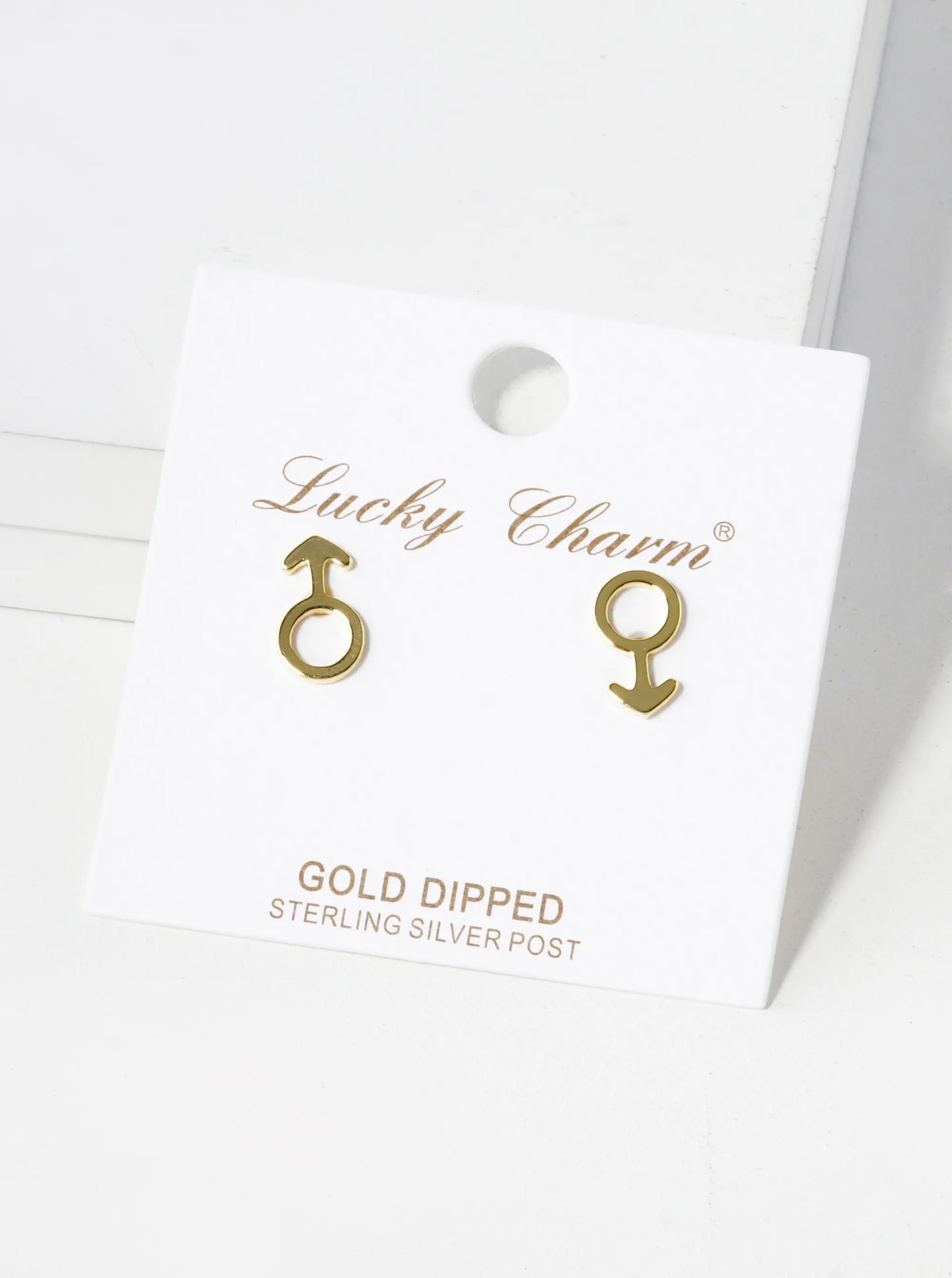 18K Gold Dipped 11mm Brass Male Gender Symbol Sterling Silver Post Stud Earrings