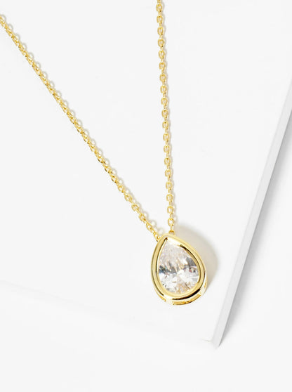 18K Gold Dipped 12mm Bezel Set CZ Teardrop Pendant Necklace