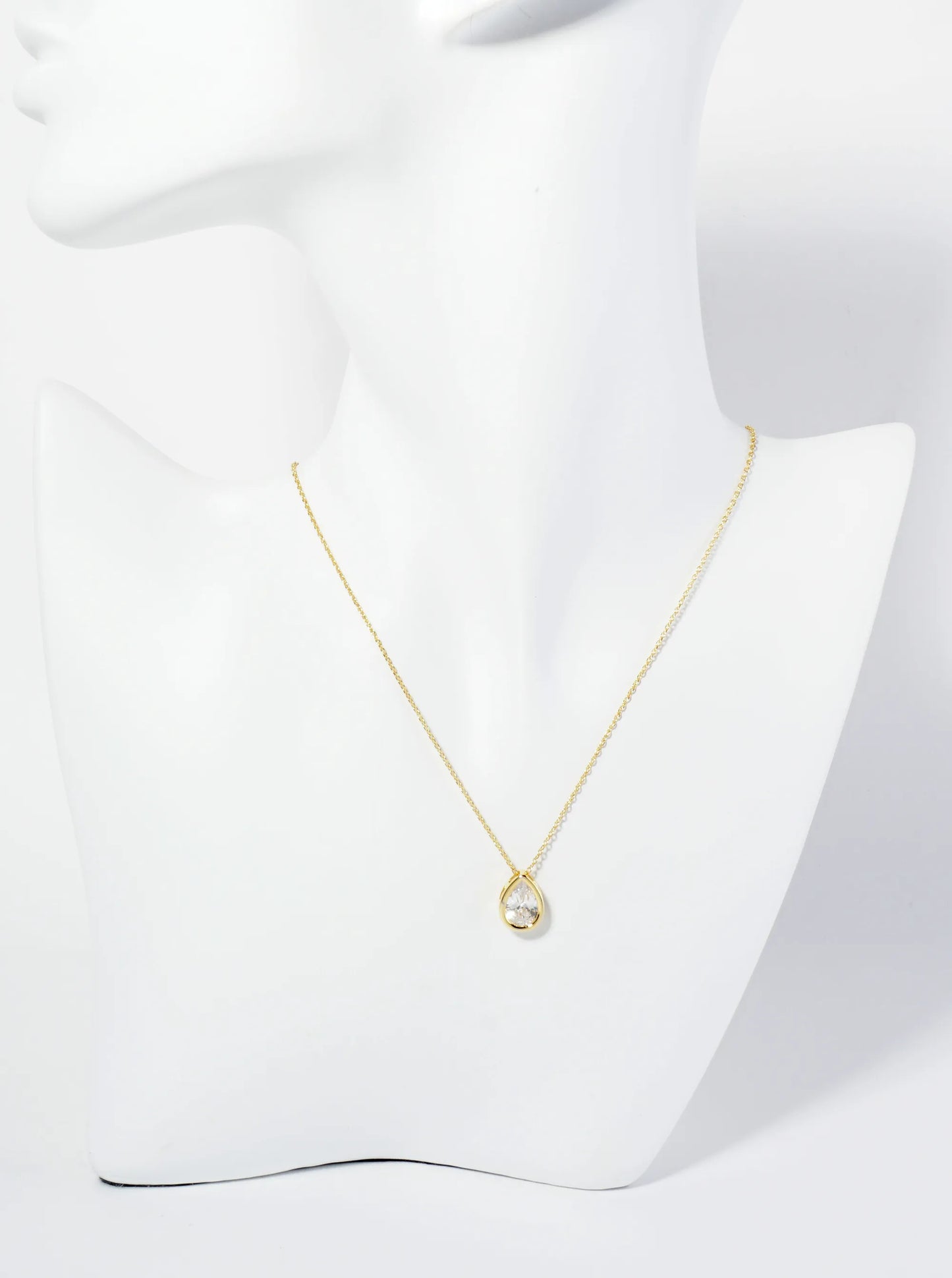 18K Gold Dipped 12mm Bezel Set CZ Teardrop Pendant Necklace