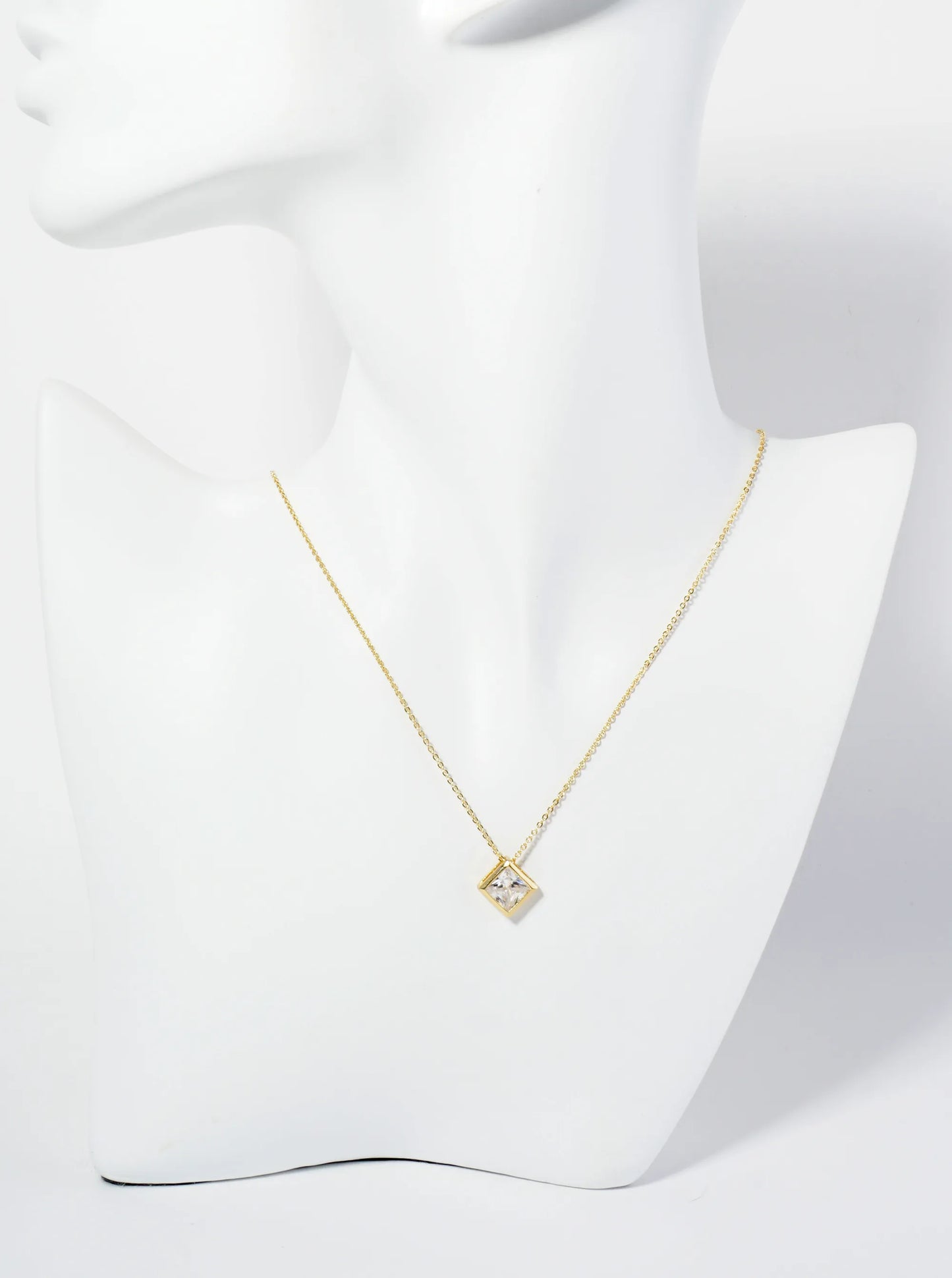 18K Gold Dipped 12mm Bezel Set Rhombus CZ Pendant Necklace