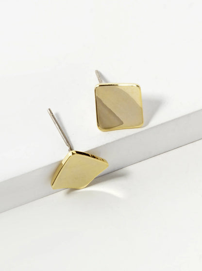 18K Gold Dipped 12mm Curved Brass Rhombus Sterling Silver Post Stud Earrings