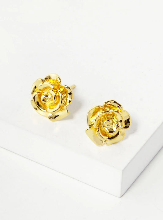 18K Gold Dipped 12mm Floral Brass Rose Sterling Silver Post Stud Earrings