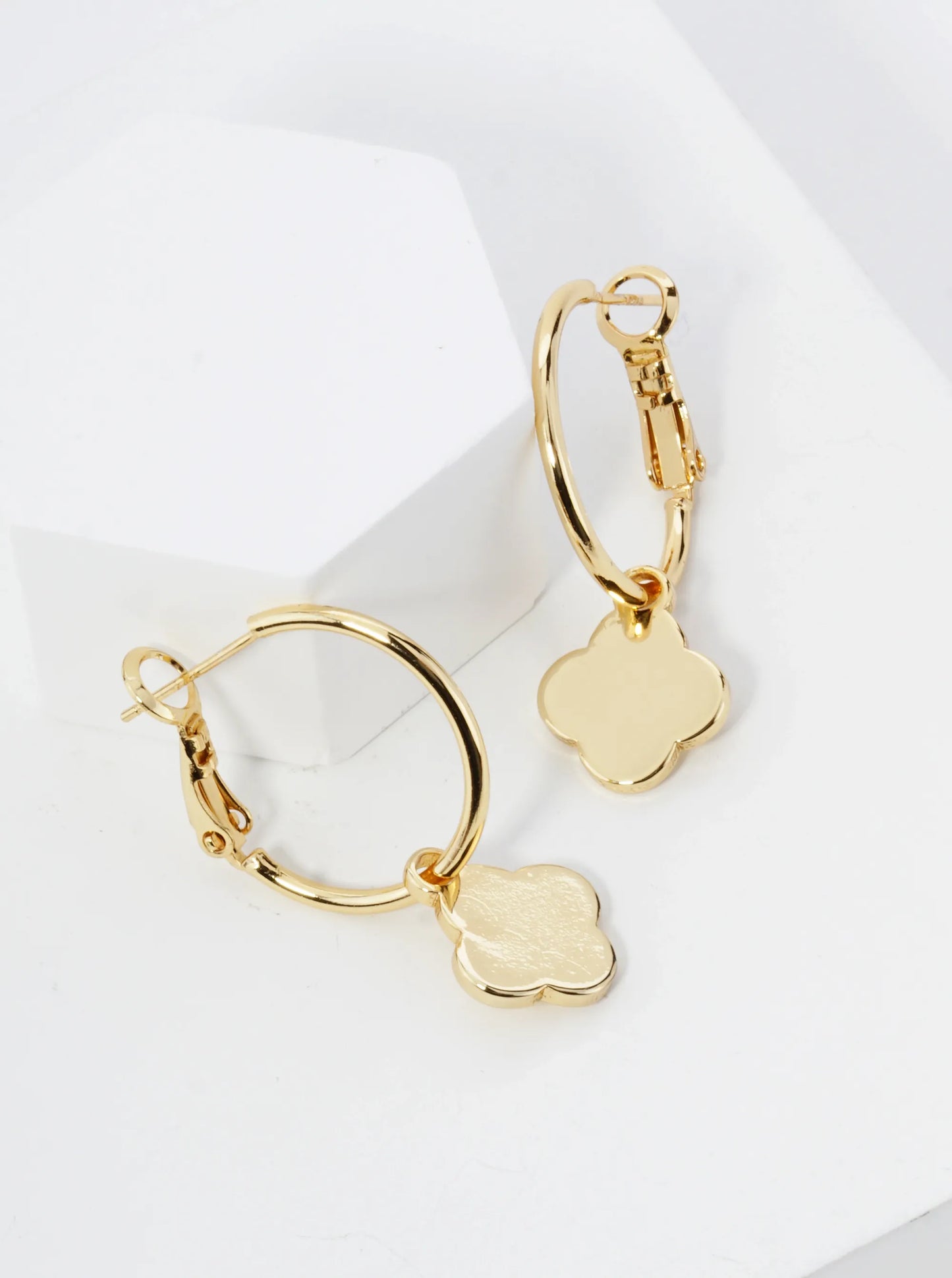 18K Gold Dipped 12mm Quatrefoil Drop 20mm Leverback Hoop Earrings