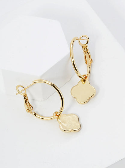 18K Gold Dipped 12mm Quatrefoil Drop 20mm Leverback Hoop Earrings