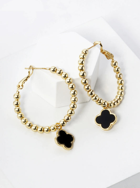 18K Gold Dipped 12mm Quatrefoil Drop 30mm Ball Beaded Leverback Hoop Earrings