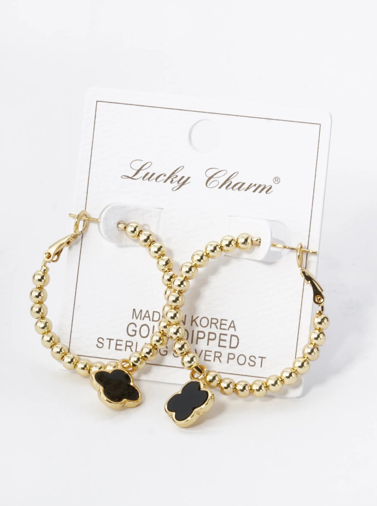 18K Gold Dipped 12mm Quatrefoil Drop 30mm Ball Beaded Leverback Hoop Earrings