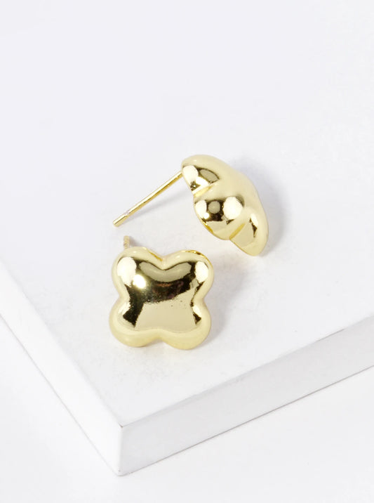 18K Gold Dipped 13mm Brass Puffy Quatrefoil Stud Earrings
