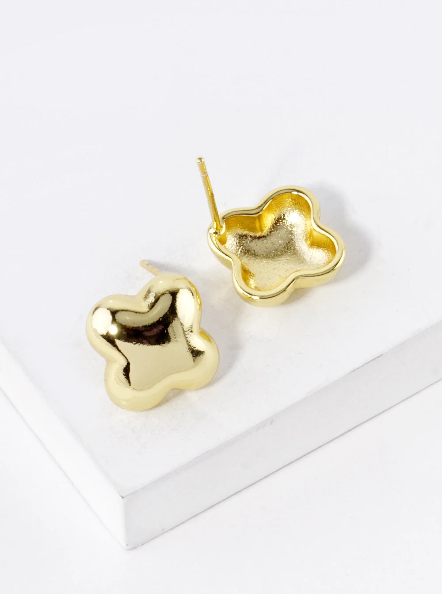 18K Gold Dipped 13mm Brass Puffy Quatrefoil Stud Earrings