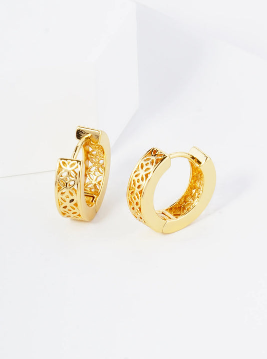 18K Gold Dipped 13mm Filigree Brass Huggie Hoop Earrings