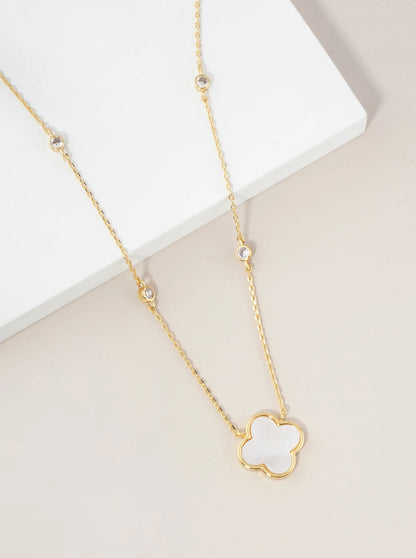 18K Gold Dipped 13mm Quatrefoil Pendant CZ Stone Chain Necklace