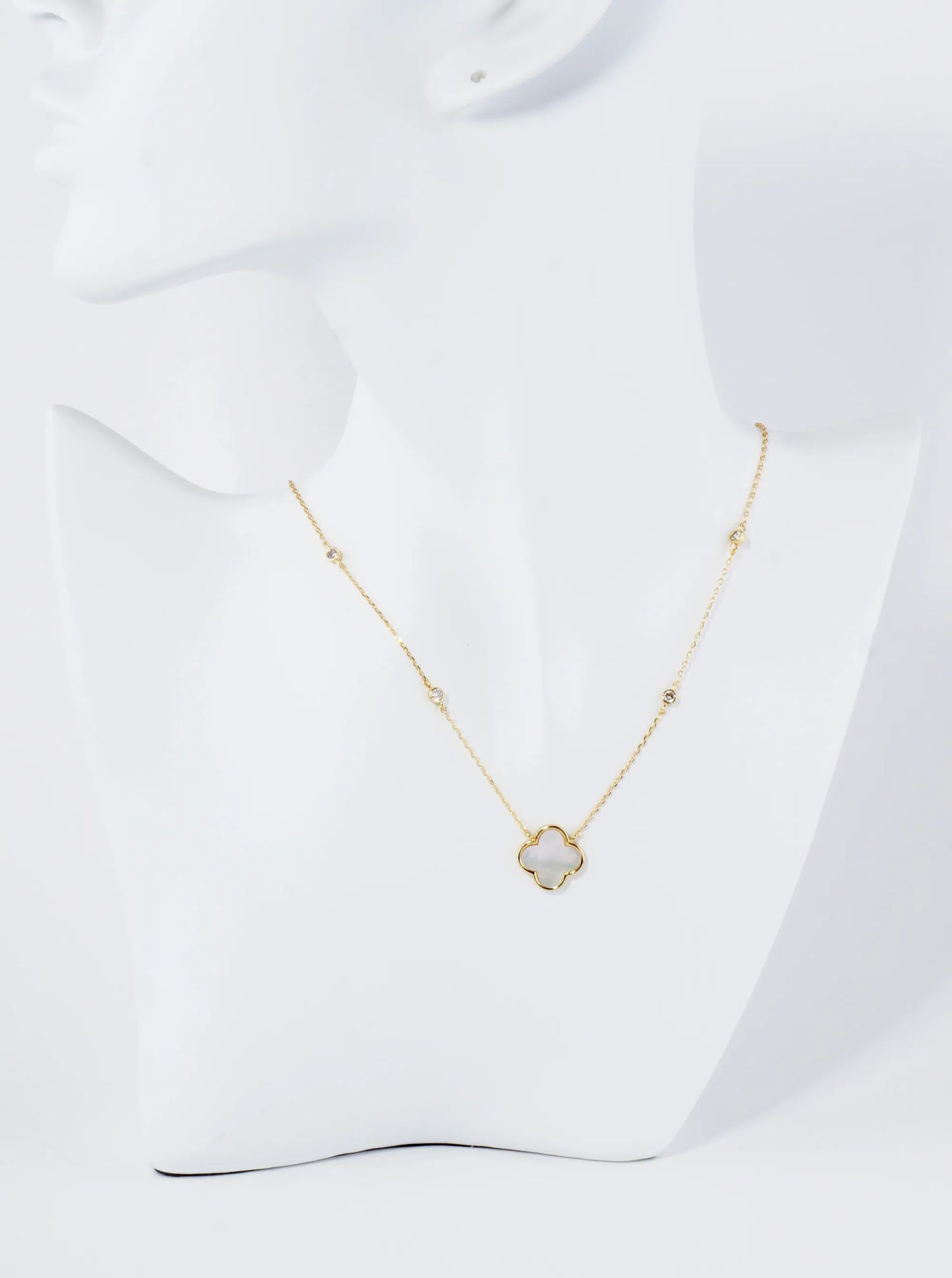 18K Gold Dipped 13mm Quatrefoil Pendant CZ Stone Chain Necklace