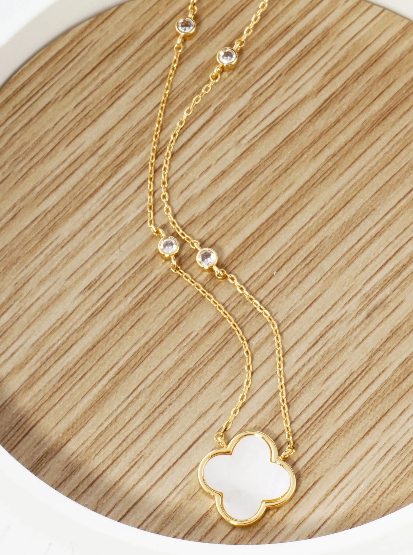 18K Gold Dipped 13mm Quatrefoil Pendant CZ Stone Chain Necklace