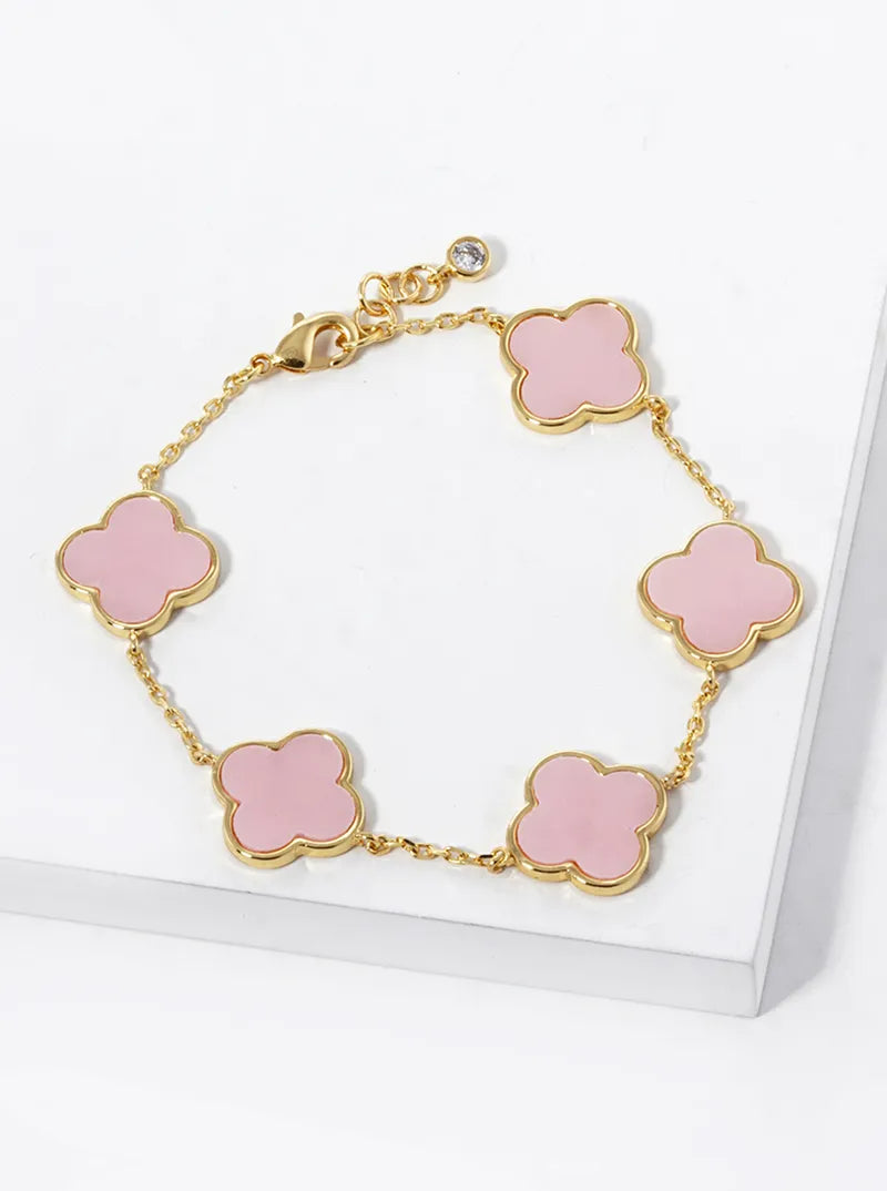 18K Gold Dipped 14mm Five Semi-Precious Quatrefoil Chain Bracelet
