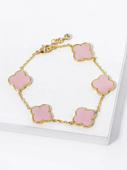 18K Gold Dipped 14mm Five Semi-Precious Quatrefoil Chain Bracelet