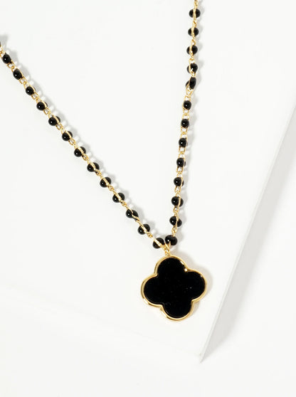 18K Gold Dipped 14mm Quatrefoil Pendant Glass Beaded Chain Necklace