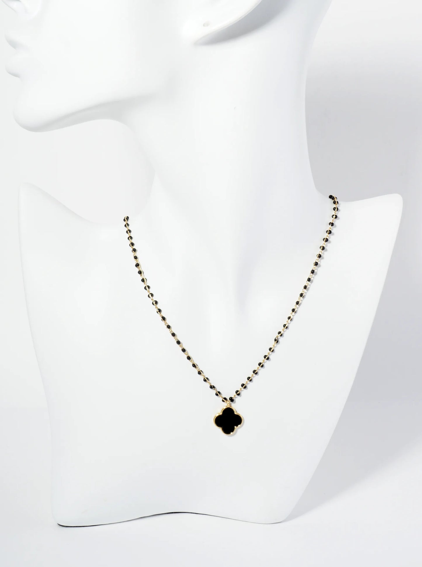 18K Gold Dipped 14mm Quatrefoil Pendant Glass Beaded Chain Necklace