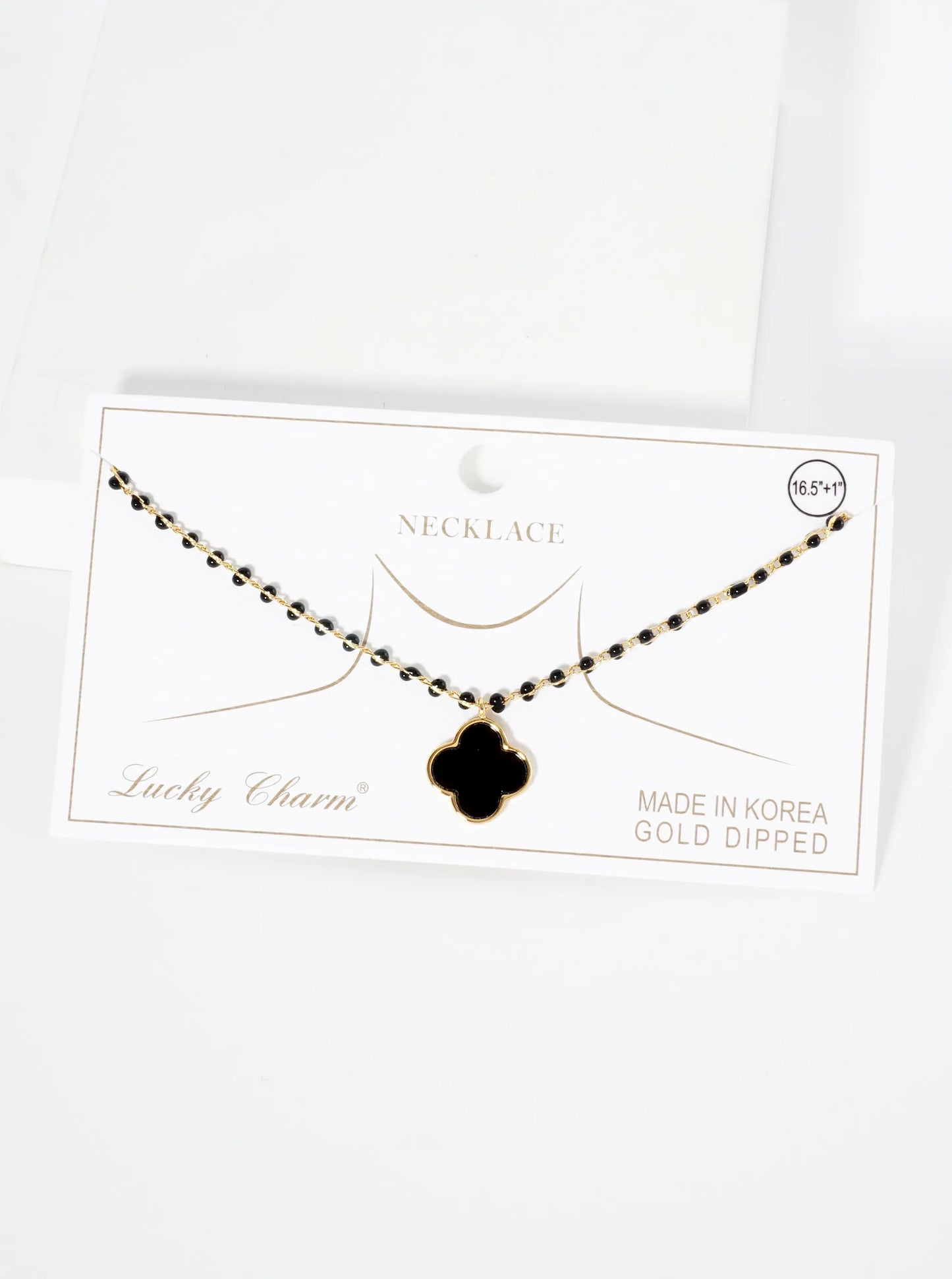 18K Gold Dipped 14mm Quatrefoil Pendant Glass Beaded Chain Necklace