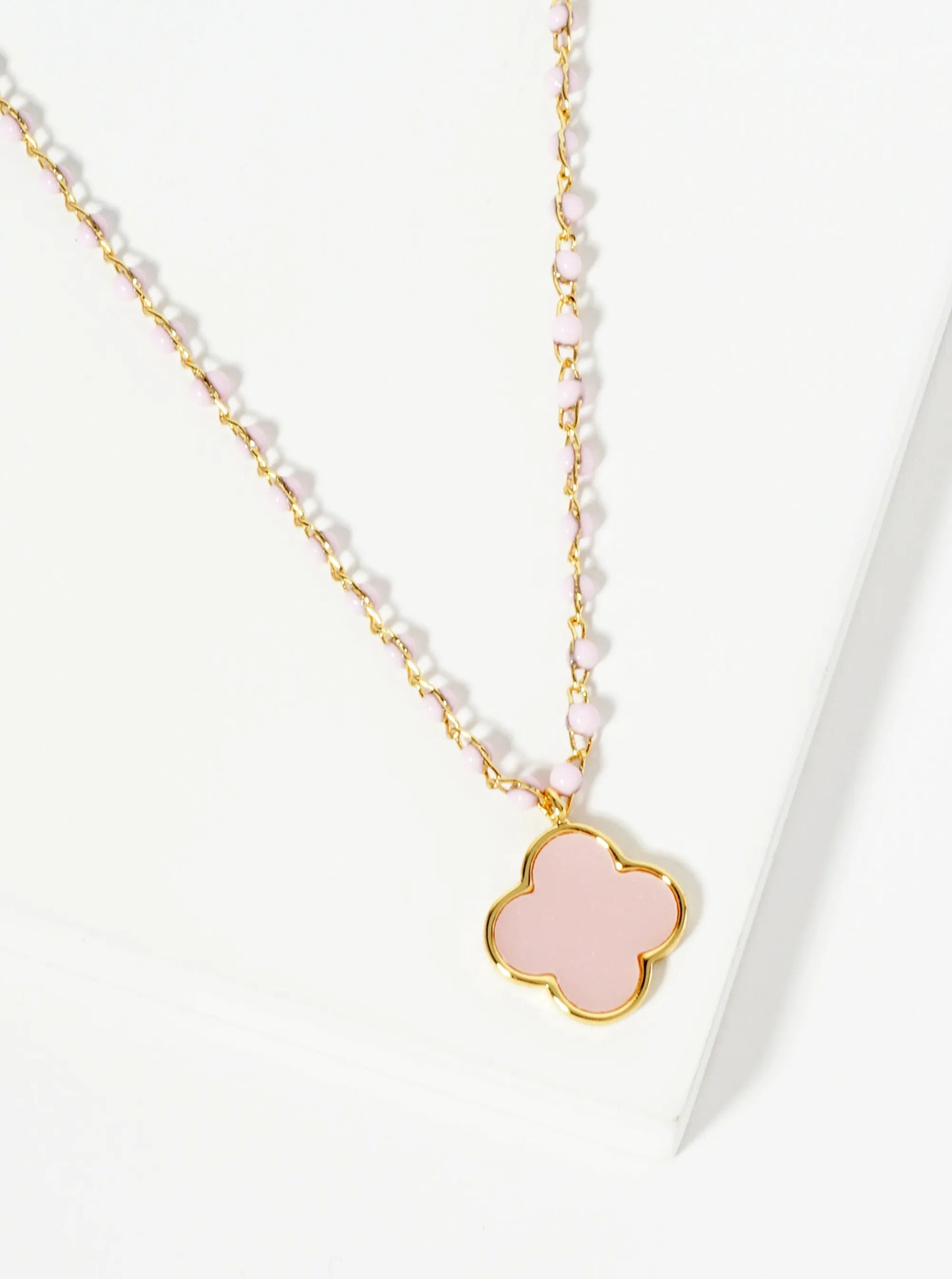 18K Gold Dipped 14mm Quatrefoil Pendant Glass Beaded Chain Necklace