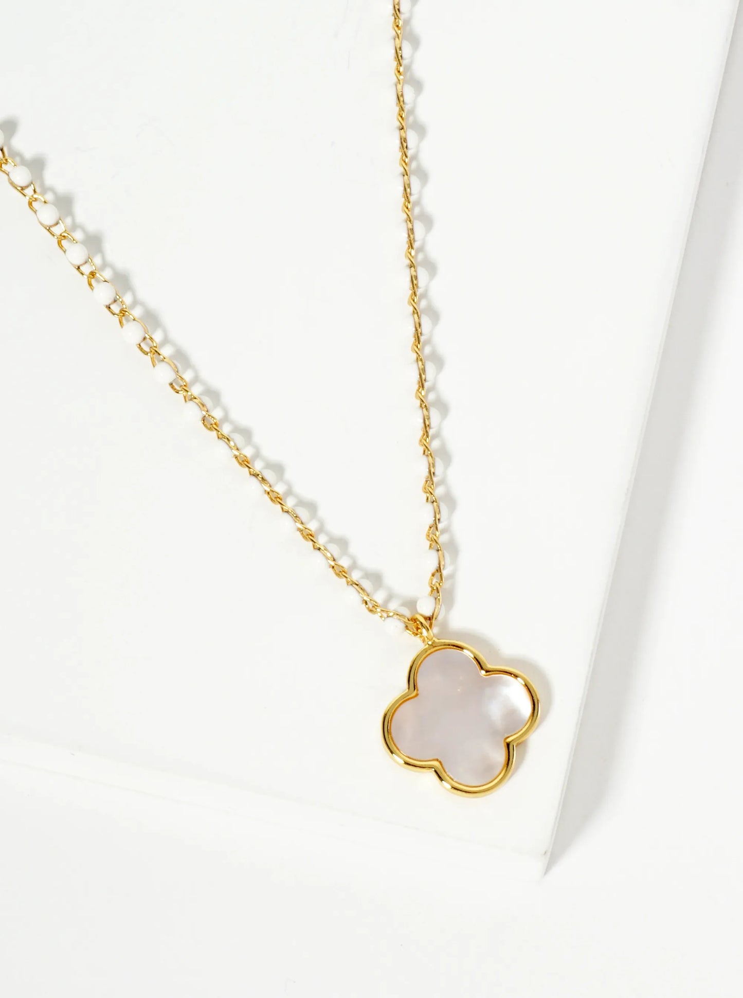 18K Gold Dipped 14mm Quatrefoil Pendant Glass Beaded Chain Necklace