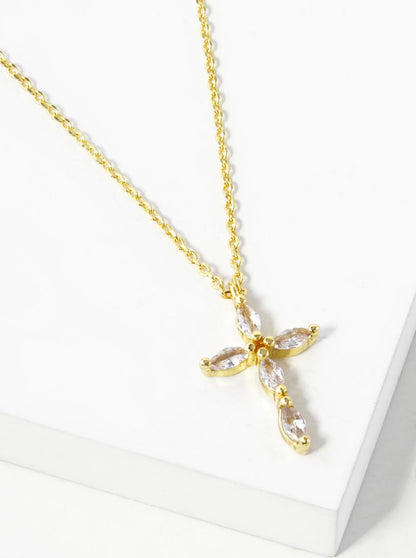 18K Gold Dipped 16mm Marquise Shaped Cubic Zirconia Stone Cross Pendant Necklace