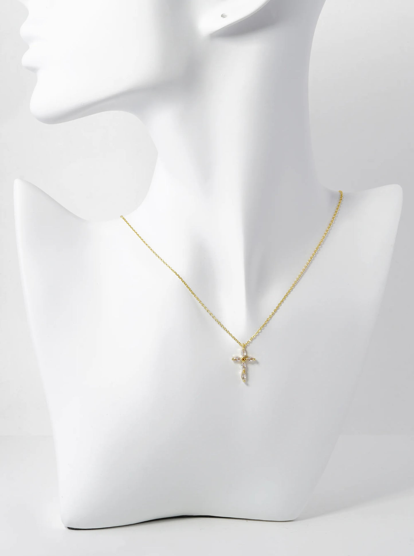 18K Gold Dipped 16mm Marquise Shaped Cubic Zirconia Stone Cross Pendant Necklace