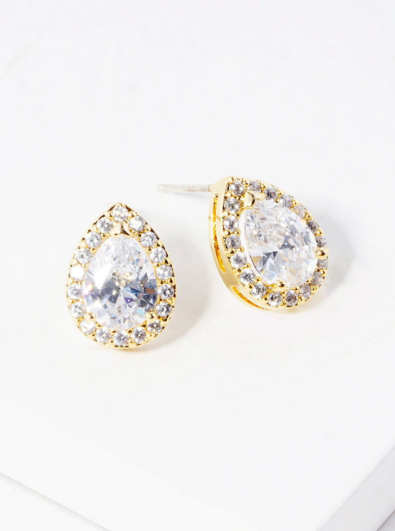 White Gold Dipped 17mm CZ Pave Teardrop Post Stud Earrings