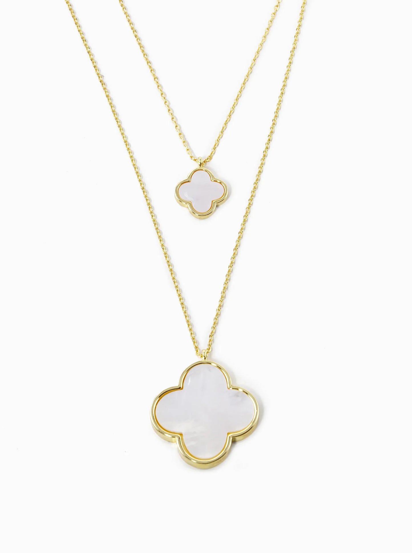 White Gold Dipped 22 And 12mm Double Quatrefoil Pendant Layered Necklace