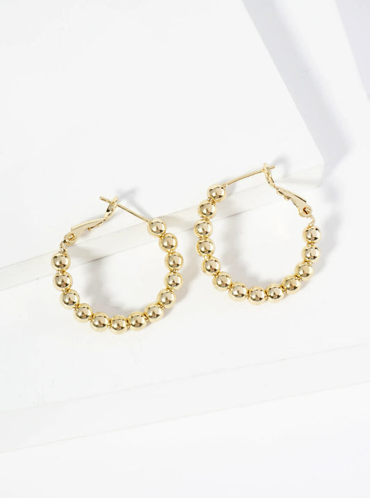18K Gold Dipped 25mm Brass Ball Beaded Hoop Earrings With Latch Back Closure