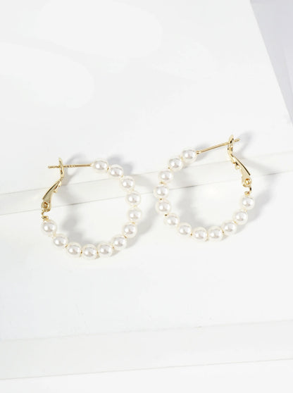 18K Gold Dipped 25mm Pearl Beaded Hoop Earrings With Latch Back Closure