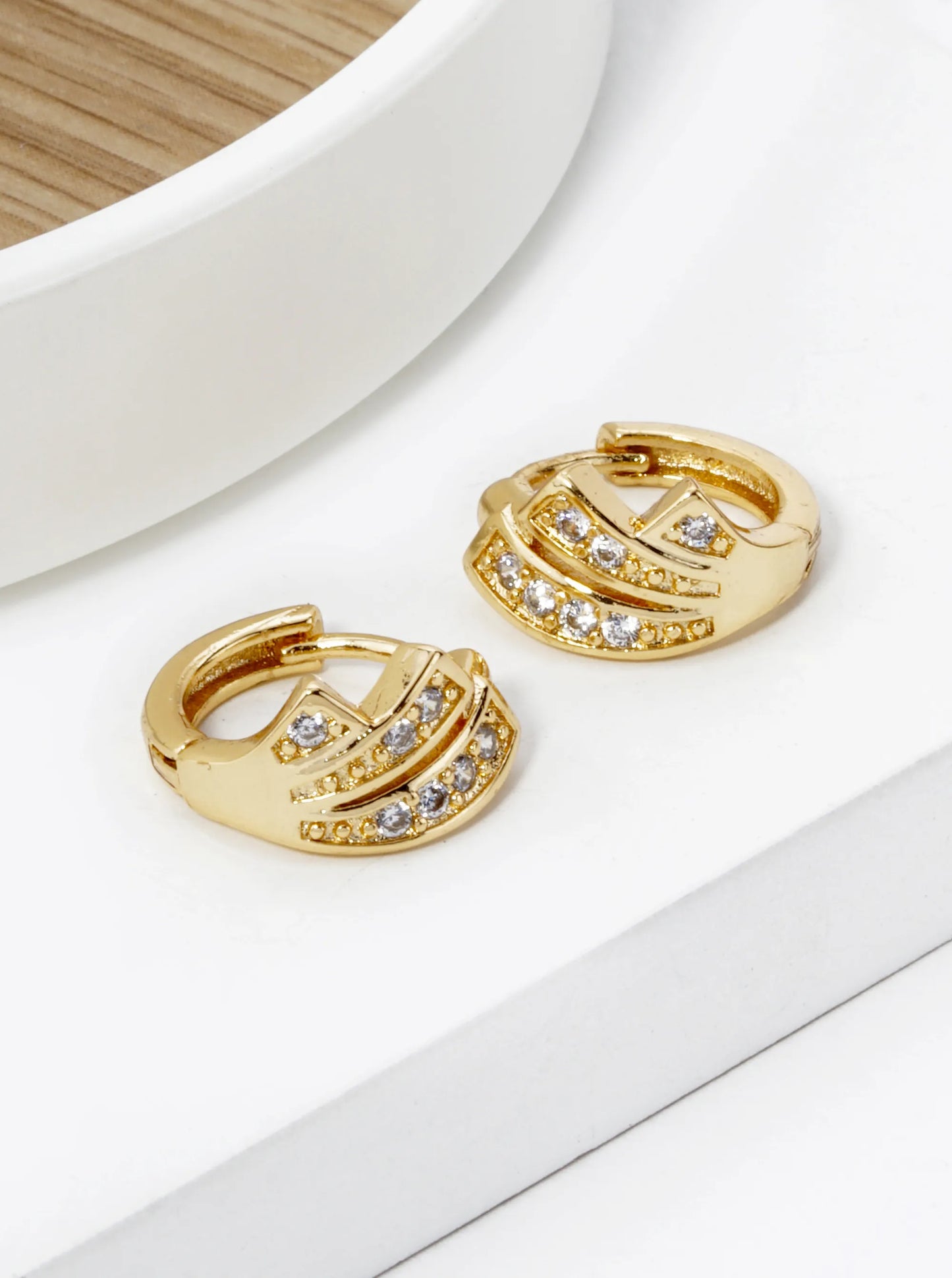 18K Gold Dipped 3 Line Cubic Zirconia 12mm Huggie Hoop Earrings