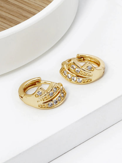 18K Gold Dipped 3 Line Cubic Zirconia 12mm Huggie Hoop Earrings
