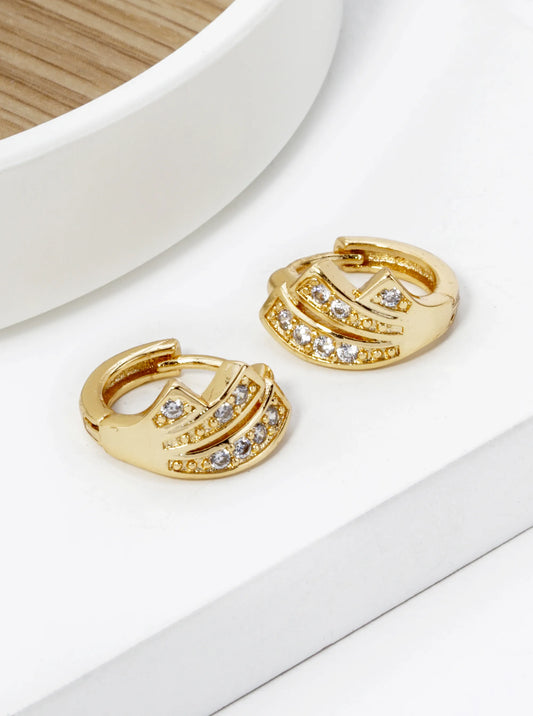 18K Gold Dipped 3 Line Cubic Zirconia 12mm Huggie Hoop Earrings