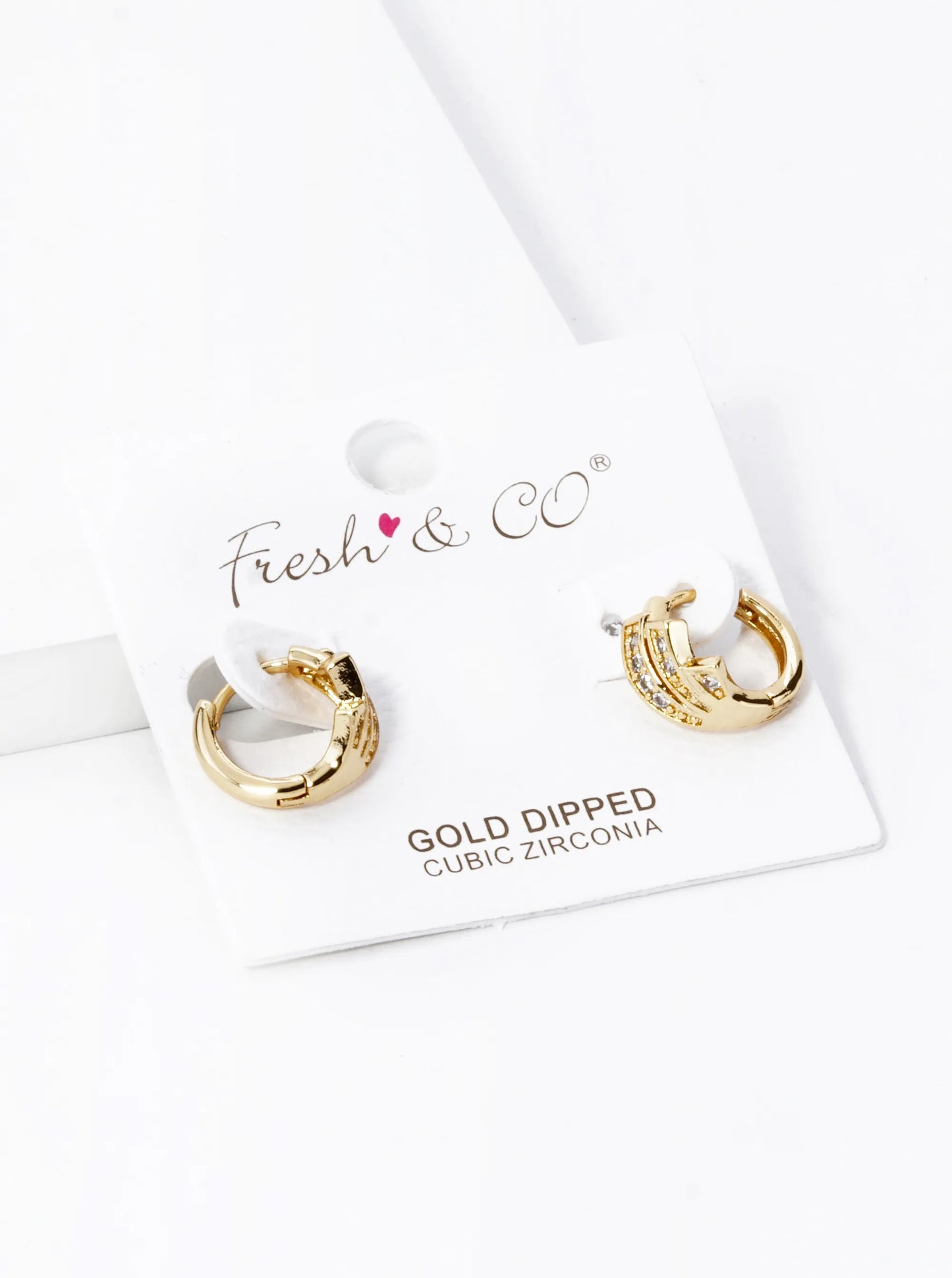 18K Gold Dipped 3 Line Cubic Zirconia 12mm Huggie Hoop Earrings