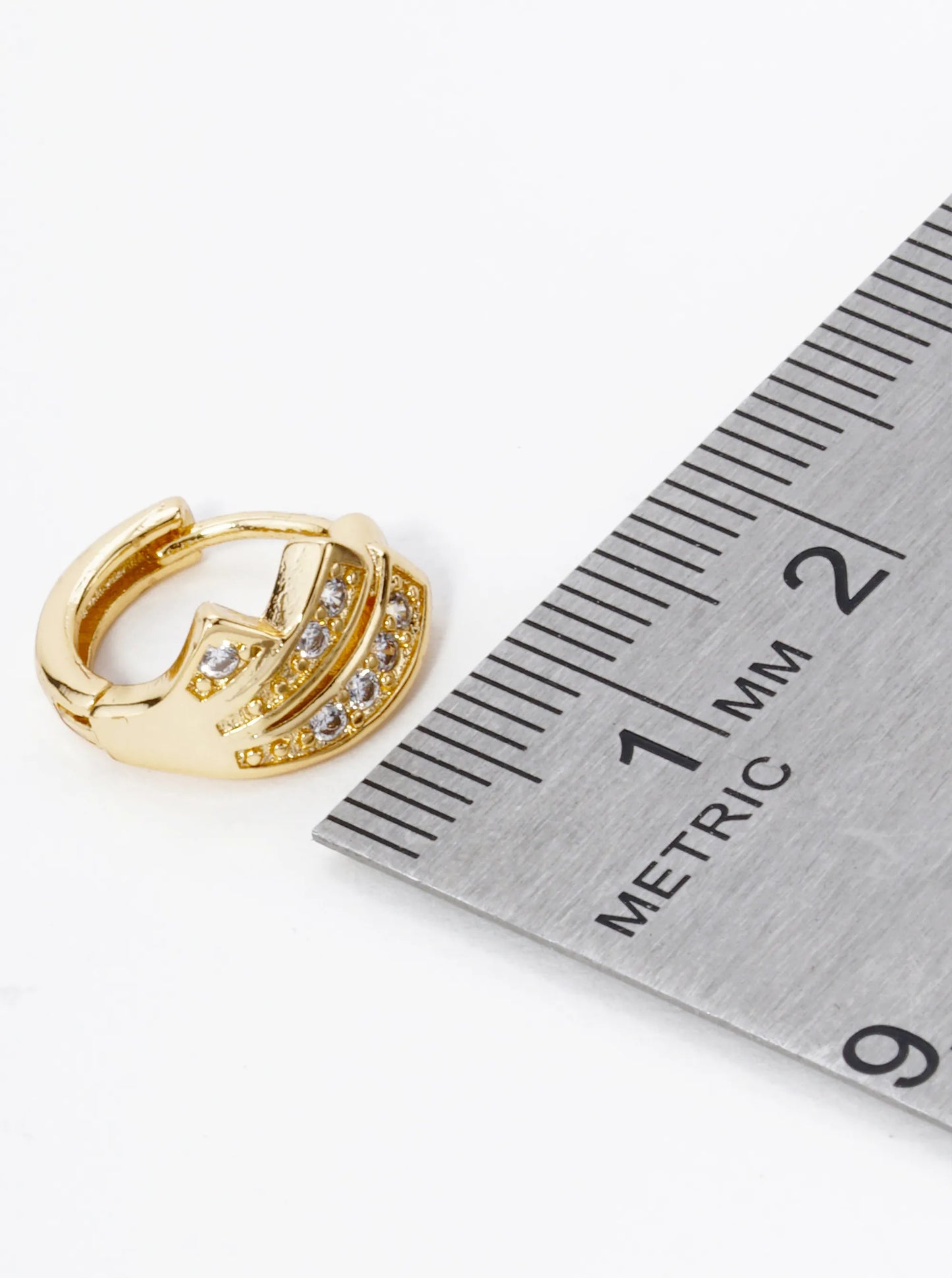 18K Gold Dipped 3 Line Cubic Zirconia 12mm Huggie Hoop Earrings