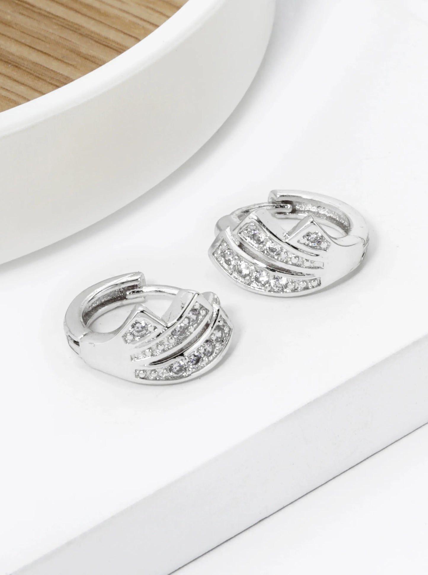 18K Gold Dipped 3 Line Cubic Zirconia 12mm Huggie Hoop Earrings