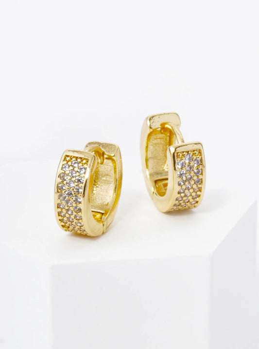 18K Gold Dipped 3 Line Micro Pave Set Cubic Zirconia 10mm Huggie Hoop Earrings