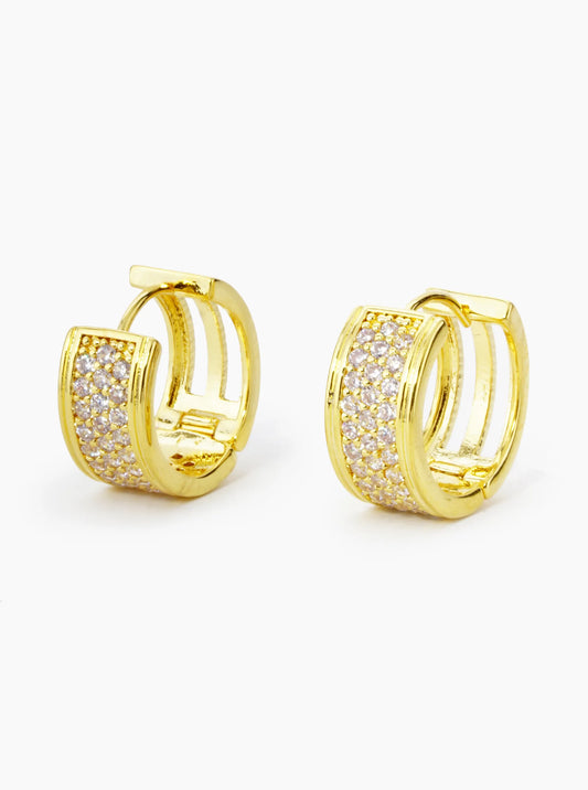18K Gold Dipped 3 Line Micro Pave Set Cubic Zirconia 17mm Hoop Earrings