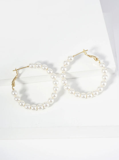 18K Gold Dipped 35mm Pearl Beaded Hoop Earrings With Latch Back Closure