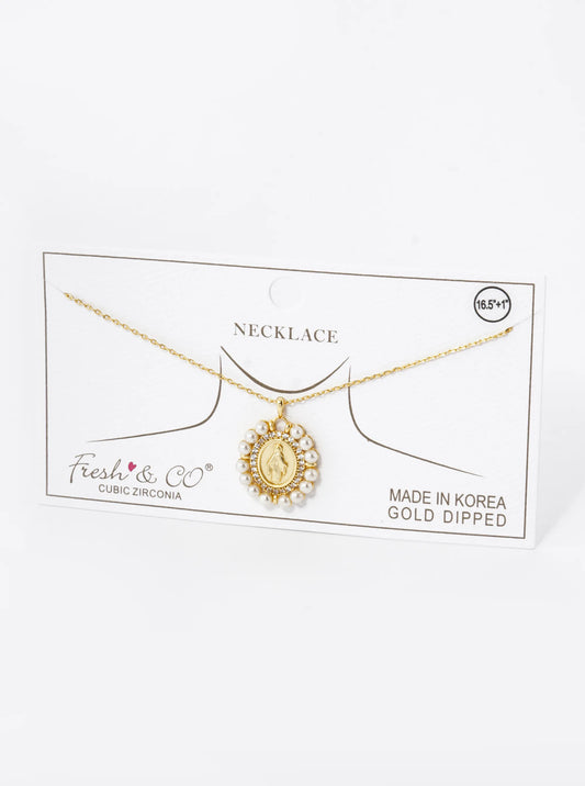 18K Gold Dipped 3mm Pearl Beaded CZ Oval Miraculous Medal Pendant Religious Necklace