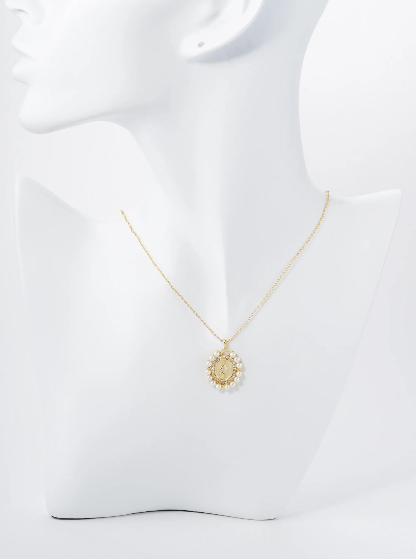 18K Gold Dipped 3mm Pearl Beaded CZ Oval Miraculous Medal Pendant Religious Necklace