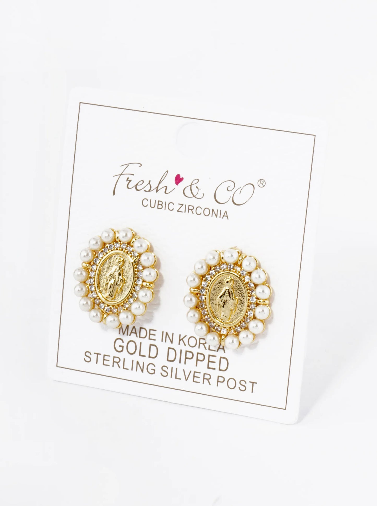 18K Gold Dipped 3mm Pearl Beaded CZ Oval Miraculous Medal Stud Earrings