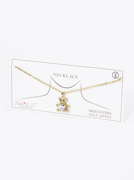 18K Gold Dipped 4-Prong Heart CZ Stone Pave Set Teddy Bear Pendant Necklace