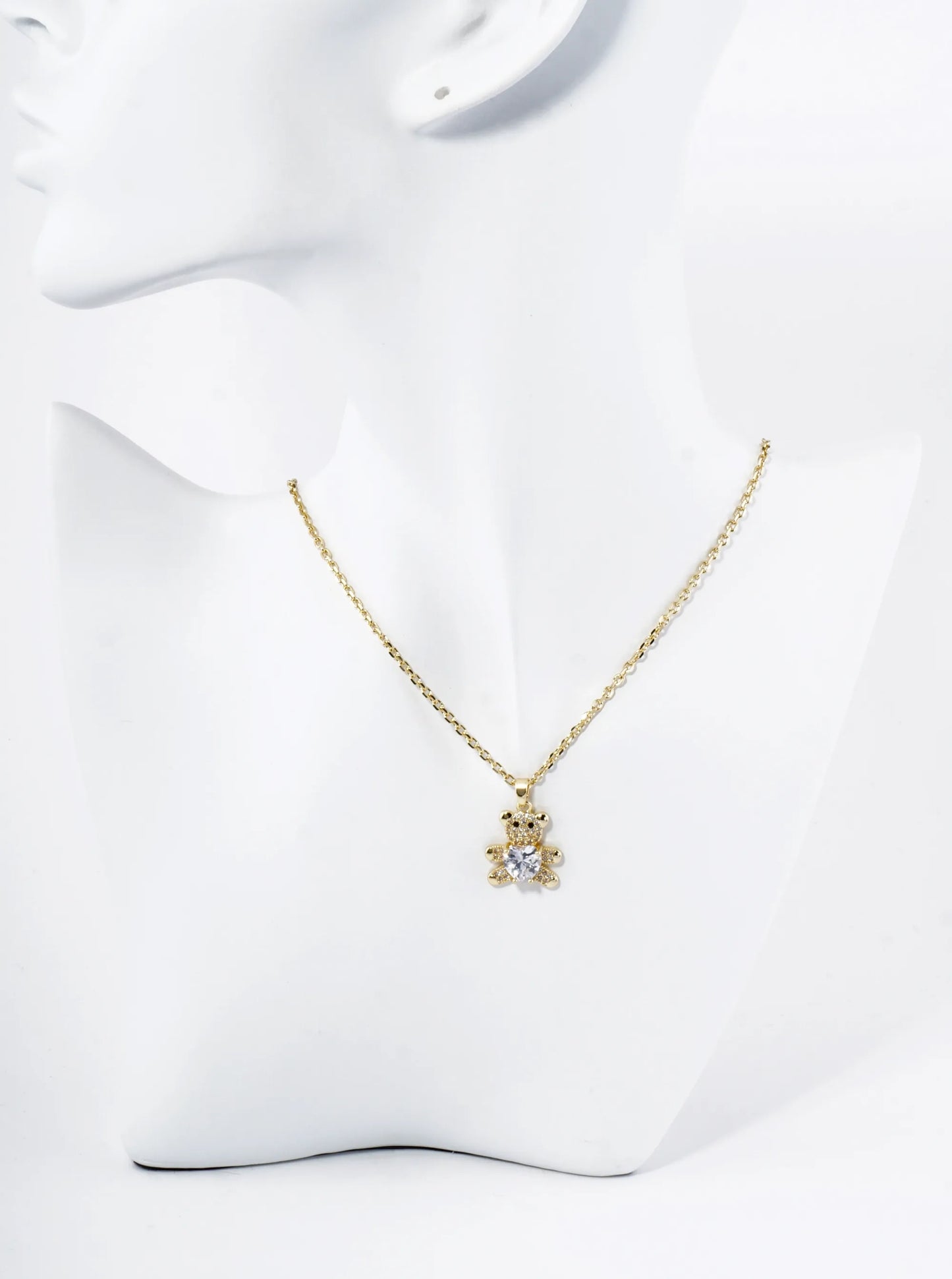 18K Gold Dipped 4-Prong Heart CZ Stone Pave Set Teddy Bear Pendant Necklace