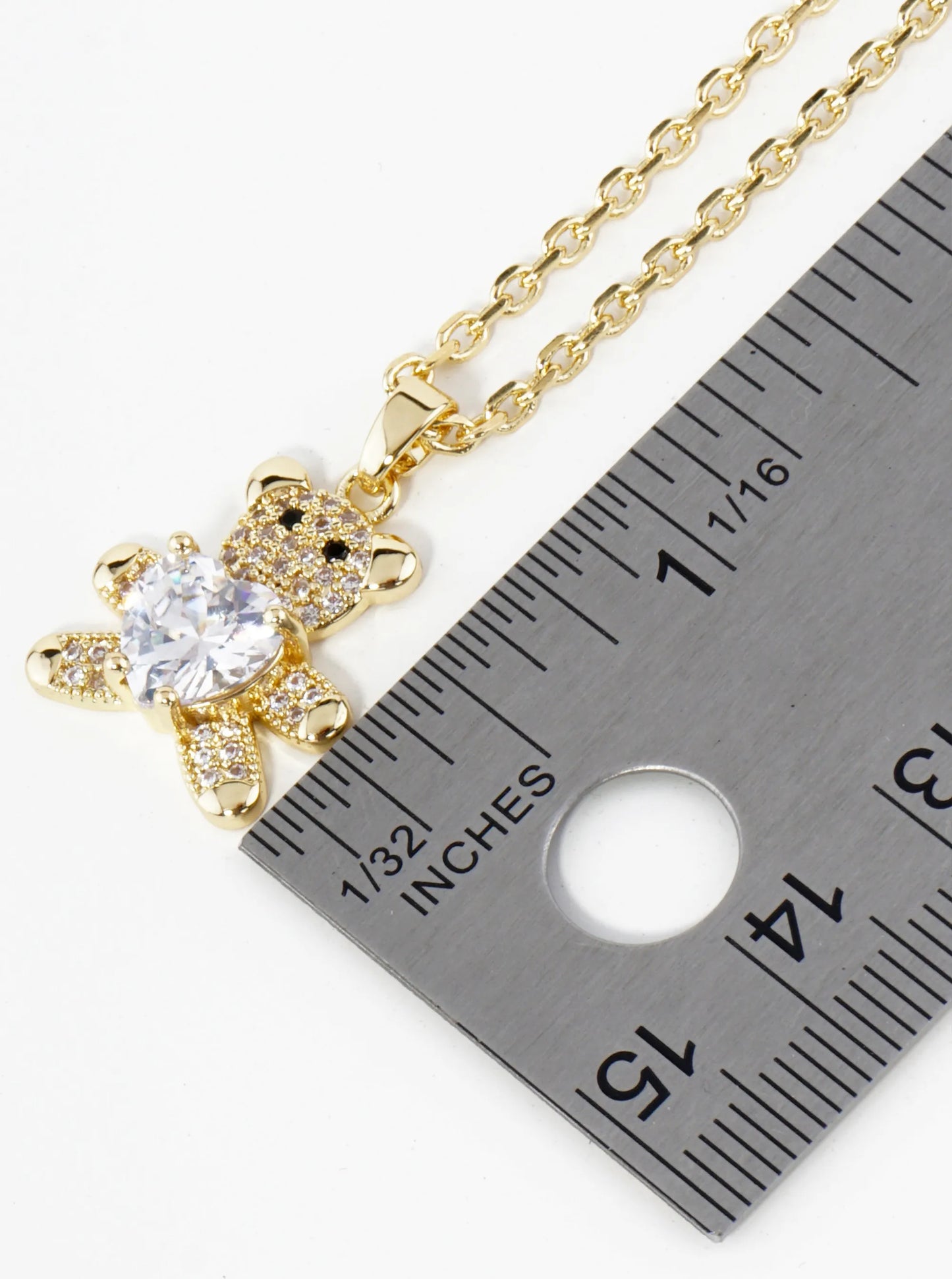 18K Gold Dipped 4-Prong Heart CZ Stone Pave Set Teddy Bear Pendant Necklace