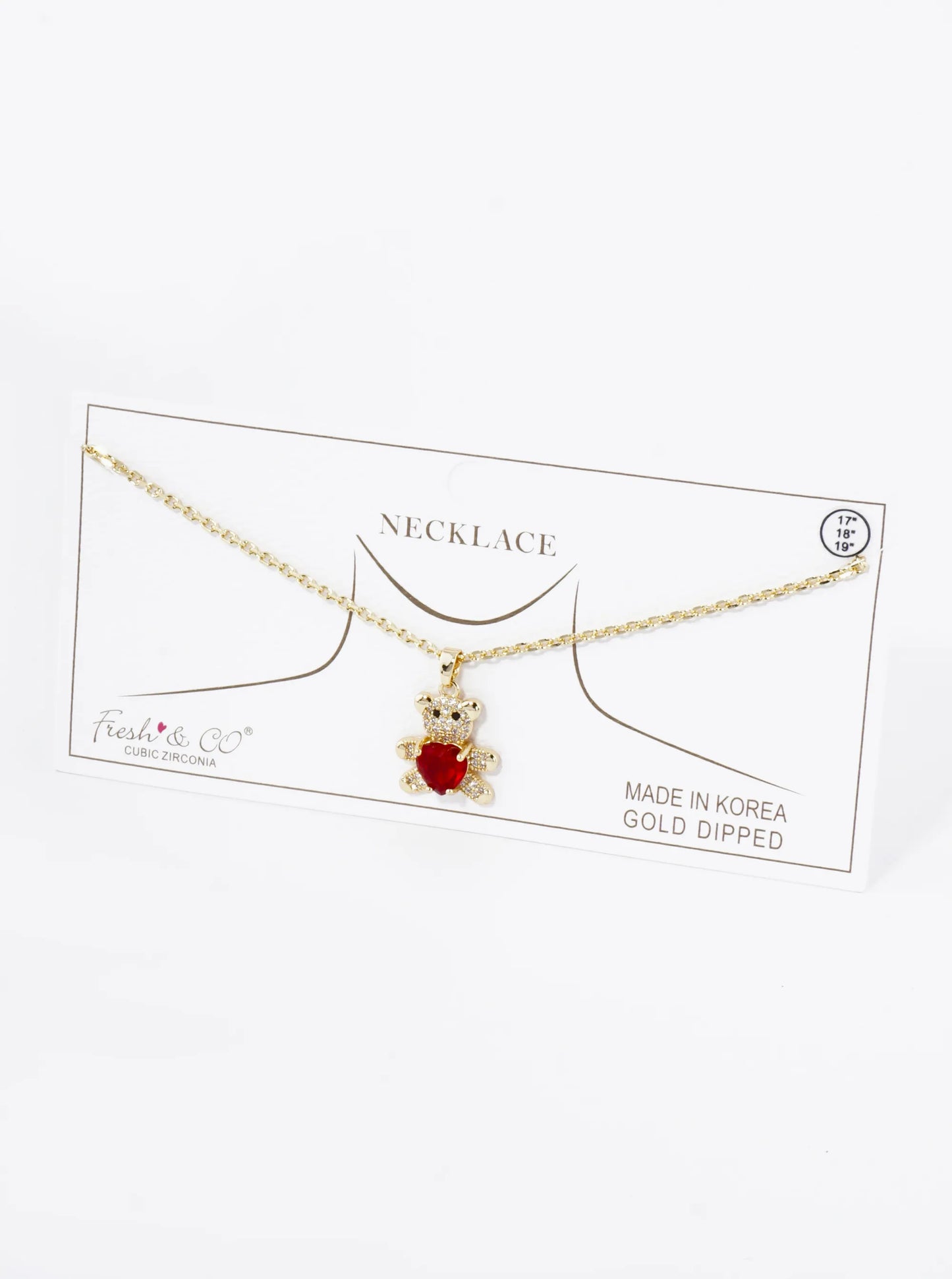 18K Gold Dipped 4-Prong Heart CZ Stone Pave Set Teddy Bear Pendant Necklace