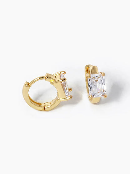 18K Gold Dipped 4-Prong Rectangle Cubic Zirconia Accent Huggie Hoop Earrings