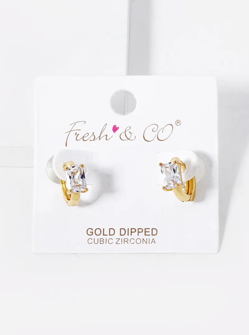 18K Gold Dipped 4-Prong Rectangle Cubic Zirconia Accent Huggie Hoop Earrings
