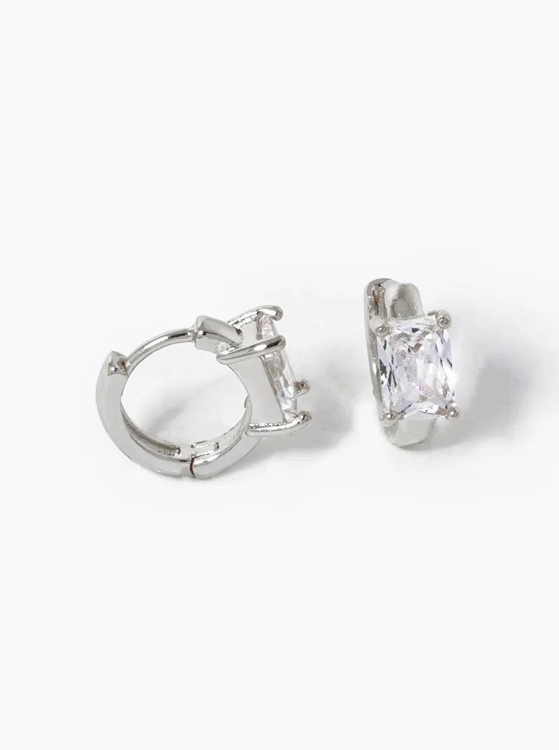 18K Gold Dipped 4-Prong Rectangle Cubic Zirconia Accent Huggie Hoop Earrings