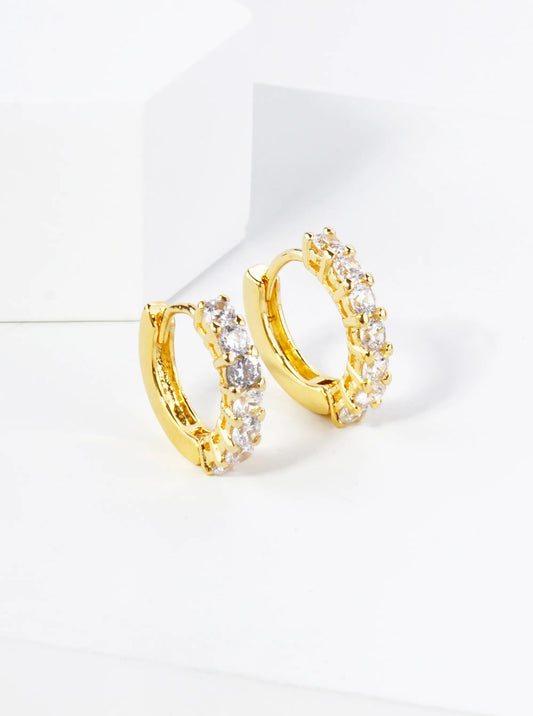 18K Gold Dipped 4-Prong Setting CZ Stones 13mm Brass Huggie Hoop Earrings